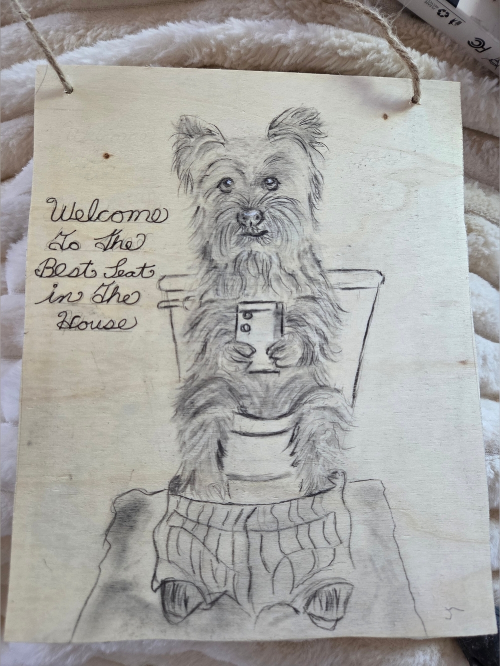 Hand-Drawn Wood Sign Featuring Yorkie Dog on Toilet - Neutral Tones